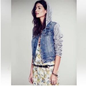 Free People Blue Hooded Distressed Denim Jean Jacket